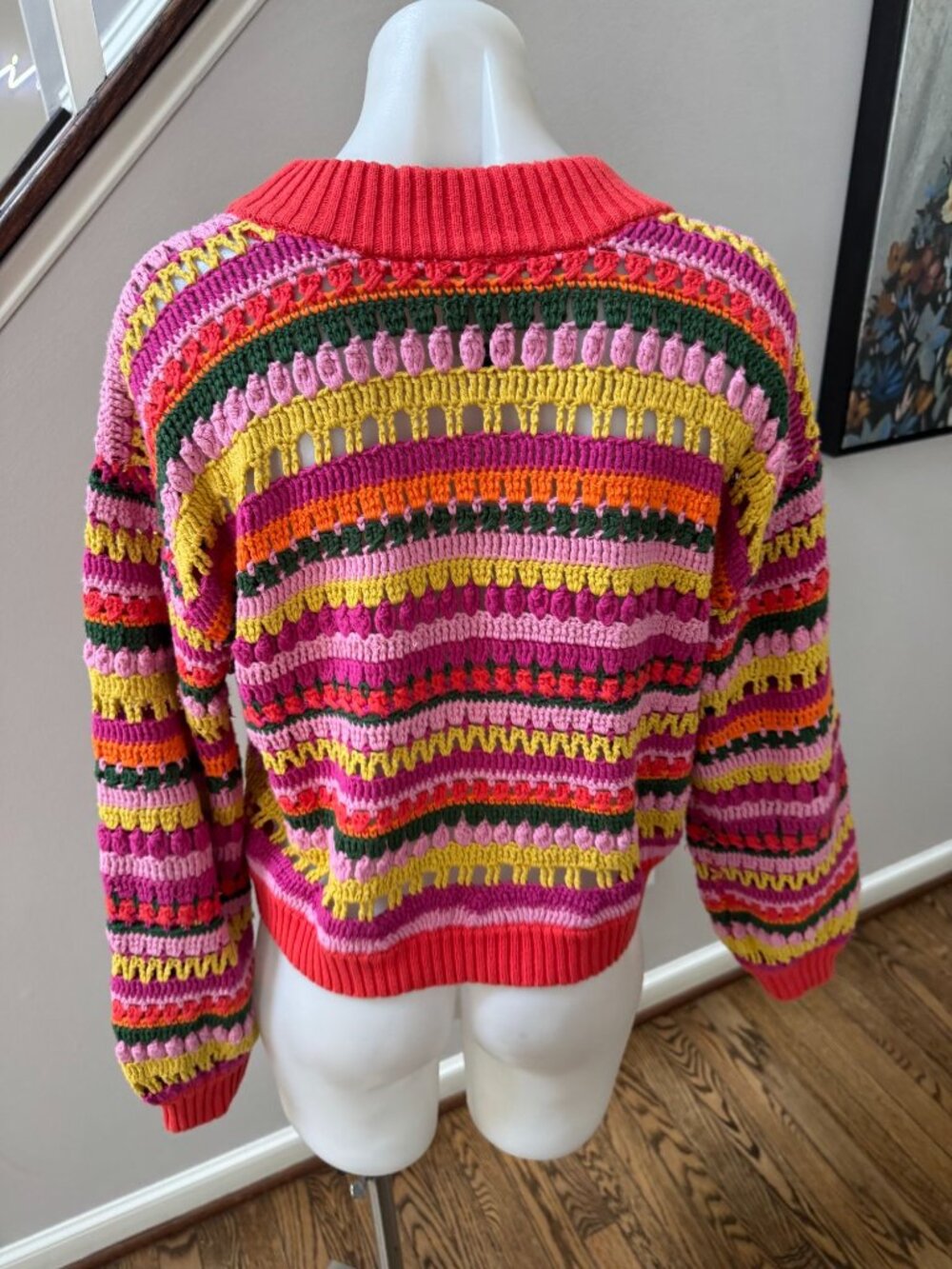 Farm Rio Fruit Dream Crochet Knit Striped Cotton Sweater Size Small - Picture 4 of 4
